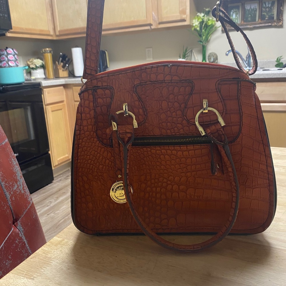 London Fog Burnt Orange Croc Embossed Satchel Crossbody Bag Gold Tone Hardware